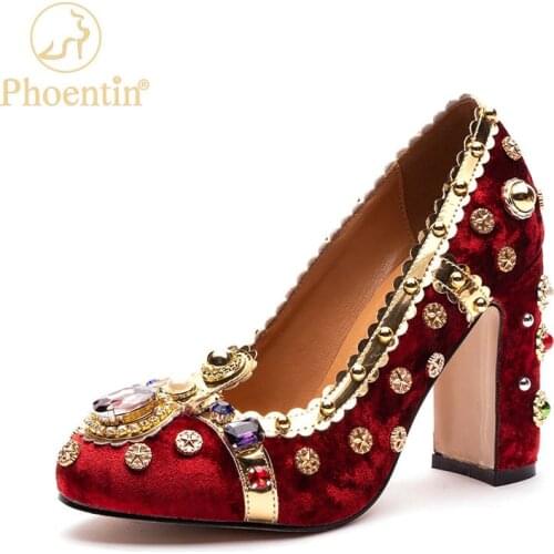 Phoentin Luxury Retro Rhinestone Pearl Women Pumps 2021 Velvet Super High Heels Vintage Red Wedding Party Shoes Size 43 FT1537