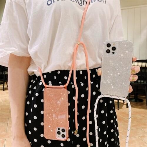 Bling Glitter Chain Necklace Lanyard Case For iPhone 12 Mini 12 11 Pro XR XS Max 8 7 Plus 6 Soft Shockproof Back Cover For Carry