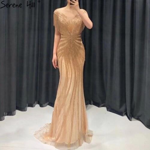Serene Hill Mermaid Luxury Gold Evening Dresses Gowns 2021 Beading Tassel Elegant For Women Party LA70907