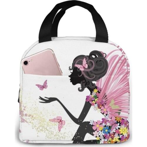 Flower Fairy Butterflies Lunch Food Box Bag Fashion Insulated Thermal Food Picnic Lunch Bag for Women kids Men Cooler Tote Bag
