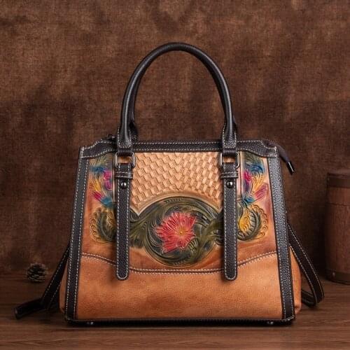 Vintage Flower Women Bag 2021 Summer Genuine Leather Handmade Embossed Handbag Nature Cowhide Versatile Shoulder Messenger Bags