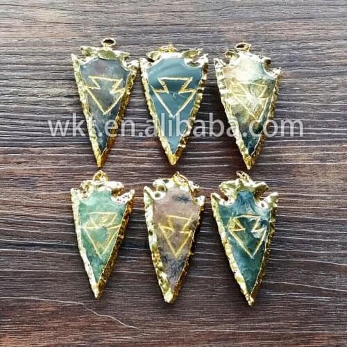 WT-P478 Wholesale 24K gold trim stone arrowhead pendants, high quality gold trim stone pendants