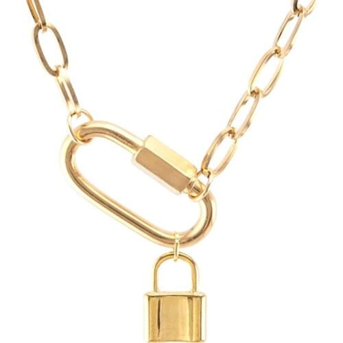 Stainless Steel Padlock Lock Pendant Necklace Gold/Silver Color Metal Lock Charm Choker Carabiner Heavy Duty Chain Necklaces