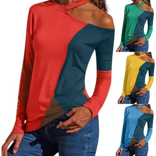 Off Shoulder Womens T Shirt Patchwork Oversized Long Sleeve Loose Women Clothing Sexy Halter Neck T-Shirt ropa mujer