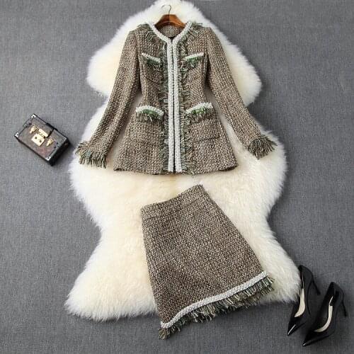 European and American womens clothing 2019 winter new style Long sleeve nail bead Tassel coat skirts Tweed suit