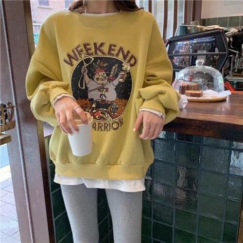 Women Velvet Thick Loose Pullovers Hoodies Round Collar Long Sleeve Shirt 2020 Spring Autumn Female Printing Patchwork Outwear