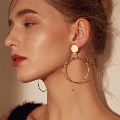 Meyfflin Geometric Big Round Circle Earrings For Women Simple Trendy Gold Sliver Color Hollow Drop Earrings Fashion Jewelry
