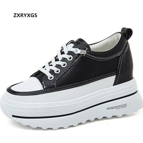 2021 Spell Colors Cowhide Autumn Platform Shoes Woman Casual Sneakers Internal Increase High Heels Wedges Comfort Trendy Shoes