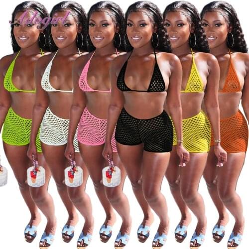 Women Summer Swimsuit Two Piece Set Solid Fishnet Hollow Out Bra Crop Tank Tops Joggers Shorts Outfit Vacation Beach Bikini Suit