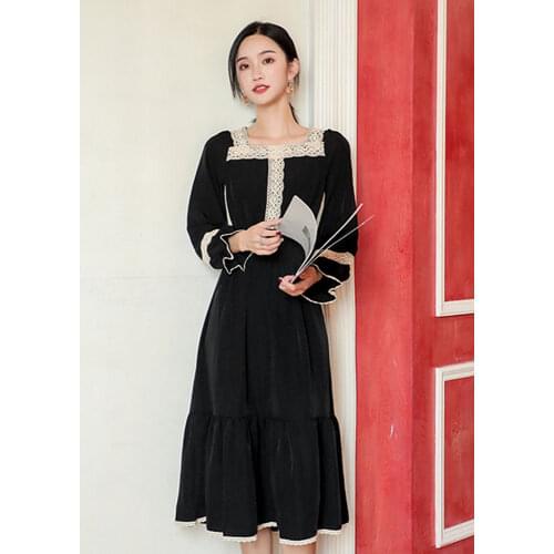 Summer New Womens Japanese Girl Palace Style Square Collar Lace Black Long Dress Retro Thin Seaside Vacation Travel Dress