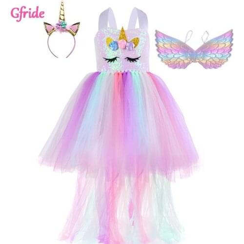 2021 Girls Unicorn Dress with Long Tail Fancy Costumes For Kids Princess Birthday Party Tutu Dresses Ball Gown Halloween 2-8Y