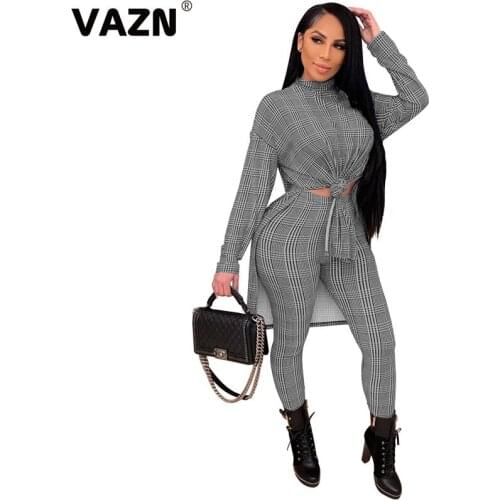 VAZN 2021 Special Design Plaid Print O-neck Loose Fashion Elegant Sexy High Street Set Sport Women Young Energetic Set