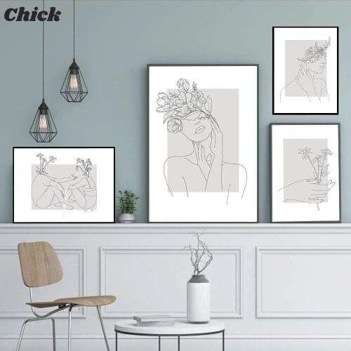 Abstract Women Line Drawing Nordic Posters Prints Modern Canvas Painting Wall Art Flower Girl Wall Picture Bedroom Home Decor