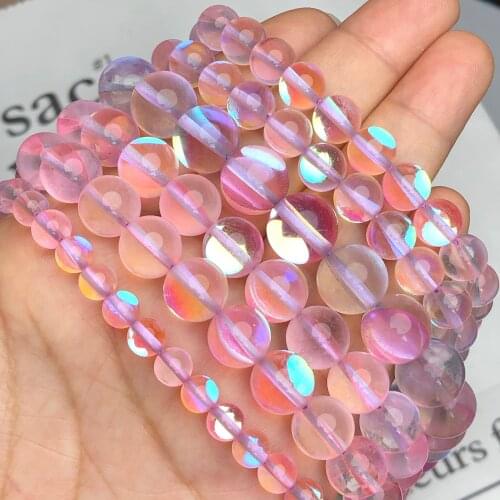 Natural Pink Austrian Crystal Glitter Beads Round Labradorite Moonstone Beads For Jewelry Making Diy Bracelet 6 8 10 12mm 15"
