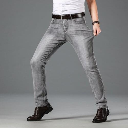 Denim Trousers Pants Male Men Grey Casual Jeans 2021 New Fashion Business Stretch Straight