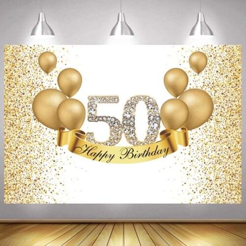 Gold 50th Photo Backdrop Lady Men Happy Birthday Party Decoration Dot Light Balloon Diamond Photography Backgrounds Banner