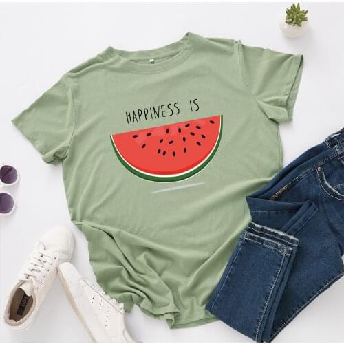 Fashion Casual Summer 100% Cotton Womens T-shirt Happiness Is Watermelon Printed Short-sleeved Female Tshirts Femme Tops Tee