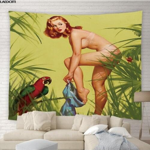 Sexy Woman Tapestry Beauty Parrot Vintage Oil Painting Hippie Girl Background Wall Hanging Cloth Tapestries Bedroom Home Decor