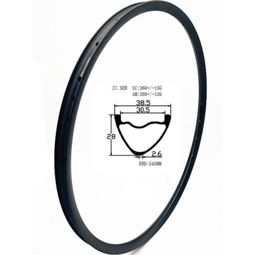 Graphene carbon mtb disc rims 27.5er 38.5X28mm asymmetry V tubeless mtb disc rim carbon rims 650b bicycle rim XC 360g bike wheel