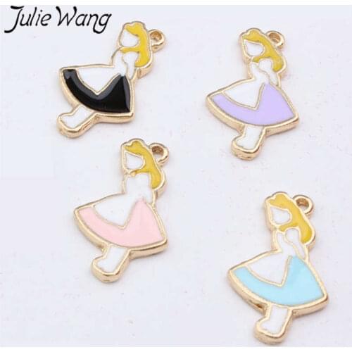 Julie Wang 10pcs Enamel Girl In Dress Charms Alloy Gold Tone Multicolor Pendant Necklace Bracelet Jewelry Making Accessory