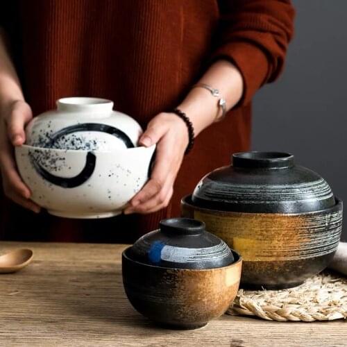 4.5/6.5 Inch Japanese Style Ceramic Dessert Stew Pot Creative Noodle Soup Ramen Bowl Household Rice Bowl With Lid Dinnerware Set