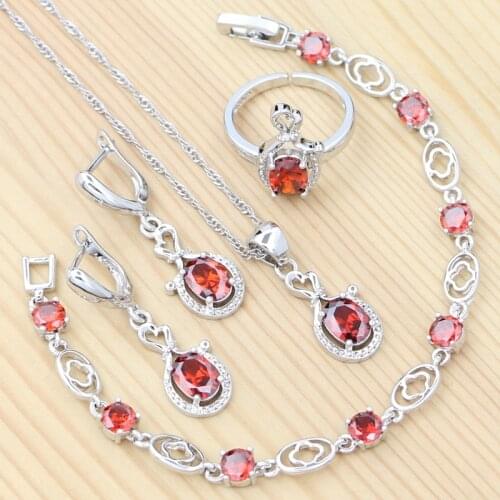 Geometric Jewelry Set 926 Sterling Silver Garnet Earrings Bracelet Pendant Chain Adjustable Ring for Woman Wedding
