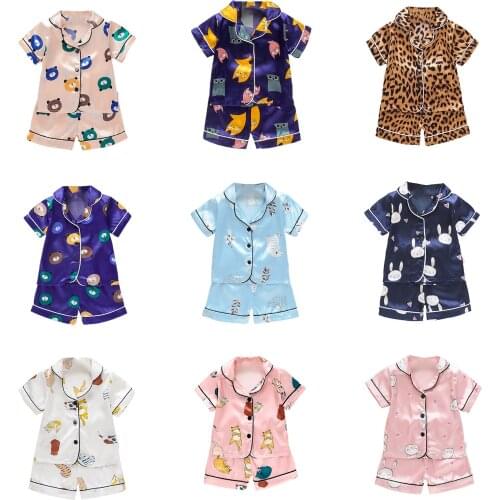 Fashion Toddler Infant Kids Baby Boys Girls Sleepwear Two Piece Satin Cartoon Printed Short Sleeve Tops+Shorts Pyjamas Sets#p4