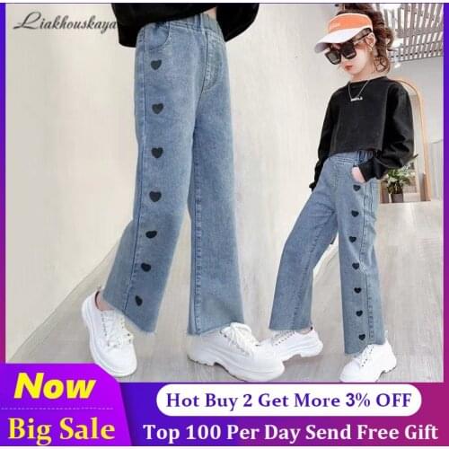 2021 Fashion Cartoon Ripped Jeans For Kids Girls Teenage Children Jeans Elastic Waist Denim Pants Kids Trousers Clothes