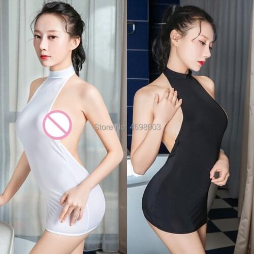 New Sexy Turtleneck Ice Silk Transparent Backless MINI Dress See Through Low Cut Night club Dance Dress