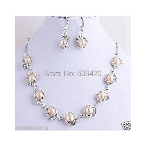 Free Shipping >>>> Pink Natural Pearls Zircon Necklace Earrings Jewelry Sets