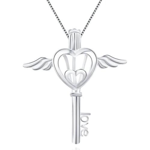 CLUCI Romantic 925 Sterling Silver Angel Heart Key Shaped Charms Pendant Women Silver 925 Love Key Pearl Locket Pendant SC025SB