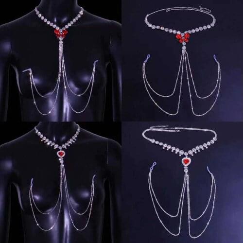 Sexy Lingerie Red Crystal Heart Butterfly Body Non Piercing Nipple Chain for Women Rhinestone Choker Necklace Bra Body Jewelry