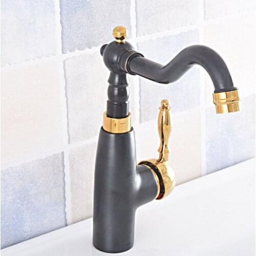Black Gold Brass Basin Faucets Bathroom Single Handle Swivel Spout Vanity Sink Mixer Tap Deck Mounted Nsf795