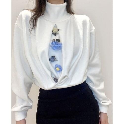 High Collar Sweatshirt Women Personality Loose Collect Waist Splice Flower Pullover Hoodie Streetwear Clothes 2021 Spring