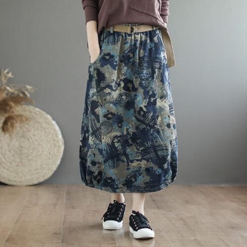 Retro Skirts Womens Print Ethnic Style Denim Skirt Female A-line Fashion Casual Vintage Plus Size Jeans Saia Elastic Waist K591