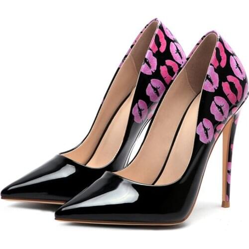 Women Graffiti High Heels Pointed Toe Shoes Lip Pattern Female Brand Pumps 8cm 10cm 12cm Stiletto Wedding Shoes 34-45