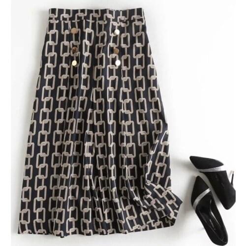 Dave&Di england office lady urban elegant Iron chain print midi skirt faldas mujer moda 2020 long skirts womens 2 pieces set