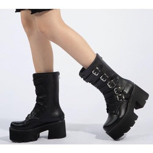 2021 Ladies Patent Leather Mid Calf Boots Autumn Winter Platform Fashion Belt Buckle Street Martin Boots Zipper Womens Shoes
