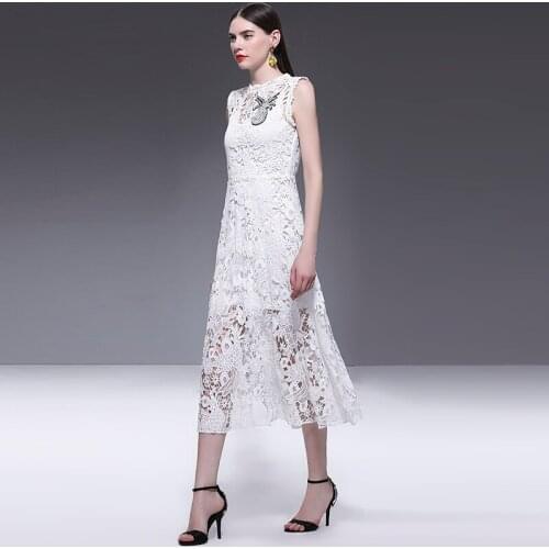 2021 New arrival Elegant hollow out lace Beading dress women Summer Runway Dress Vintage High waist sleeveless casual dresses