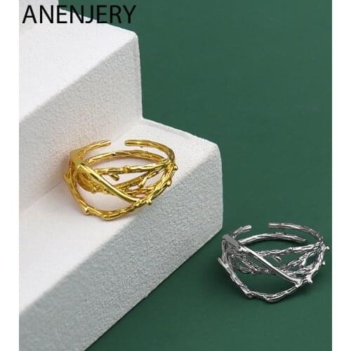 ANENJERY 925 Sterling Silver Multi-layer Cross Ring for Women Irregular Texture Open Ring Jewelry Gift S-R1039