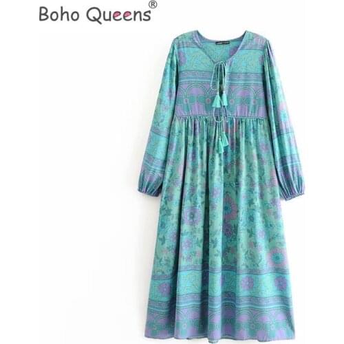 Boho Queens women floral print long sleeve tassel ruffles beach Bohemian midi dresses Ladies loose v-neck rayon dress