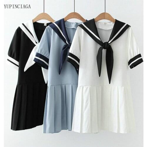 Women Sailor Collar Short Sleeve Dress 2021 Summer New Girl Sweet Navy Temperament Preppy Style Dresses 2114707