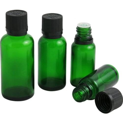 10pcs 5ml 10ml 15ml 20ml 30ml 50ml 100ml Green Glass e Liquid Essential Oil Bottle with Plastic Black Cap Cosmetic Containers