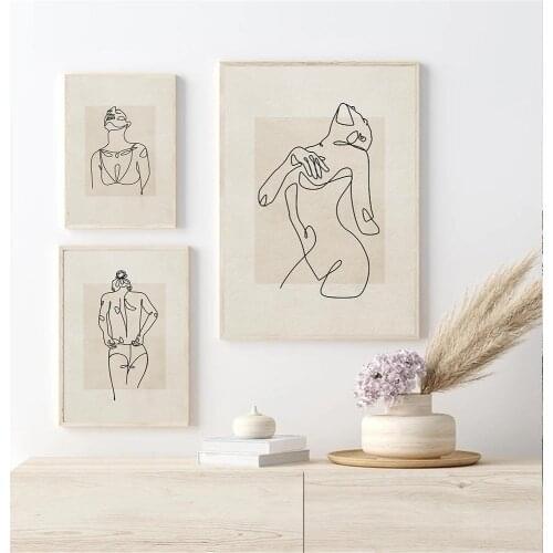 Abstract Women Body Wall Art Poster Naked Line Drawing Art Print Beige Canvas Painting Nordic Pictures Living Room Home Decor