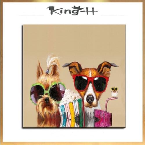 Frameless sunglasses 2 dogs eat ice cream hand-painted oil painting draft quality sofa decorate children room hall