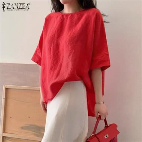 Vintage Womens Summer Blouses 2021 ZANZEA Short Sleeve Blusas Basic Solid Tops Female Split Tunic O Neck Chemise Plus Size