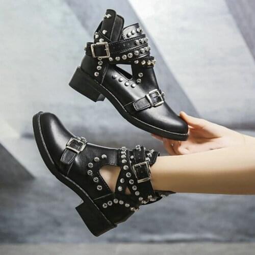 Women Ankle Boots Womens Fashion Rivet Shoes Women Leather Buckle Strap Ladies Chunky Heels Female