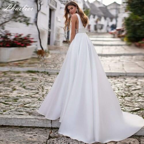 Lhuilier Elegant V-neck Satin Wedding Dresses 2020 Floor Length Sleeveless V Backless Bridal Dress with Beading Belt
