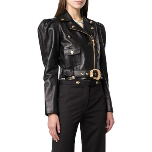 European Style 2021 Autumn Winter Women Jackets Natural Leather Fashion Puff Sleeve Genuine Sheepskin Leather Short Coat Female