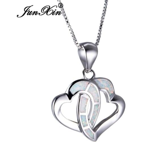 JUNXIN New Silver Color Double Heart Pendants White Fire Opal Necklace For Women Romantic Lover Christmas Gifts